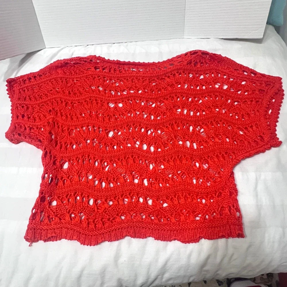 Cato Womens Fire Orange Crochet Open Weave Airy Dolman Sleeve Resort Top Small